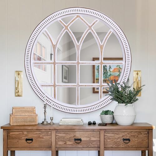 Rustic Farmhouse Round Window Mirror, 36 Inch Wood Frame Wall Mirrors by BaroqueFarmhouseWallMirro