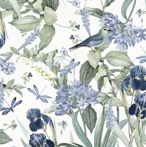 Floral Wallpaper Peel and Stick Flower Bird Blue Vinyl 17in x 393in by lenify