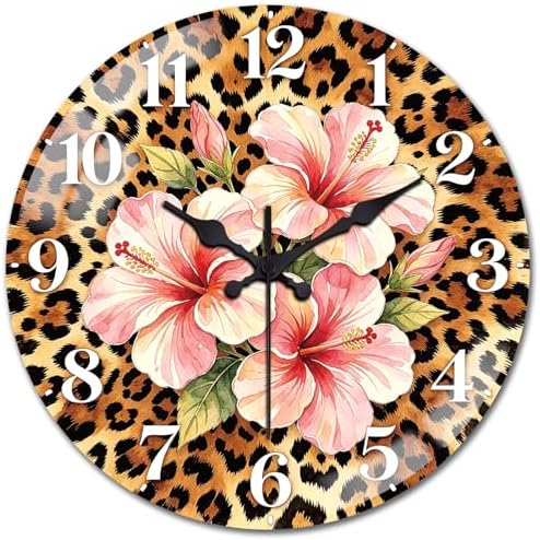 peacoblue Leopard Print Hibiscus Wall Clocks Battery Operated 12" by PEACOBLUE