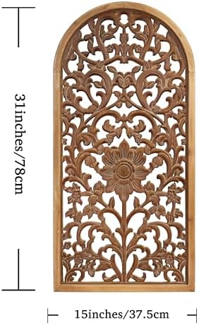 WREVERW Rustic Boho Arched Wood Wall Art, Hand-Carved Floral Panel - Image 2