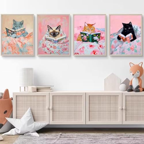 Cute Cat Reading Poster Set of 6 Funny Black Cat Book Lover Canvas Wall Art - Image 6