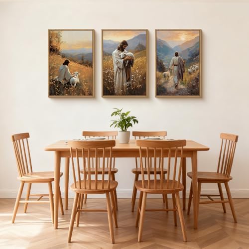HOURIA Jesus Christ Leaves the 99 Sheep Framed Canvas Wall Art Set, Christian - Image 4