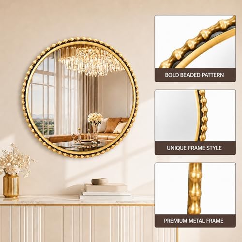 30" Round Bathroom Mirror, Antique Gold Bold Beaded Frame - Image 2