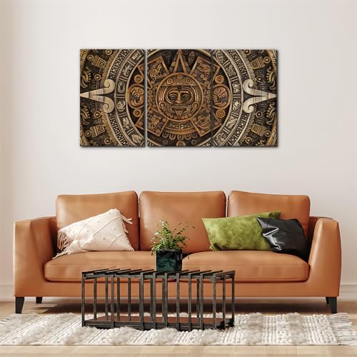 Pacimo Framed Canvas Print Wall Art Set Ancient Aztec Calendar Nature - Image 3