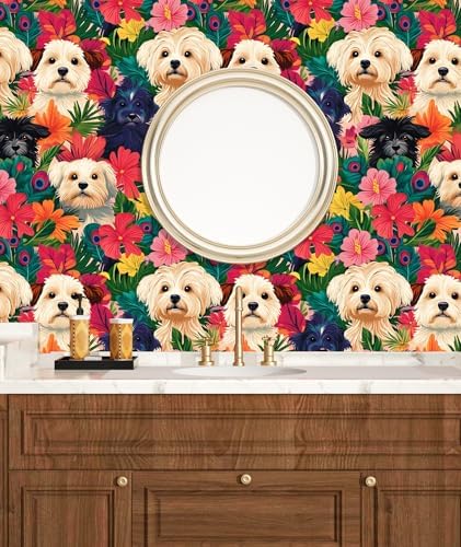 BOKEBEVE Dogs Floral Wallpaper Peel and Stick Boho Colorful 17.5 x 393.5In - Image 3