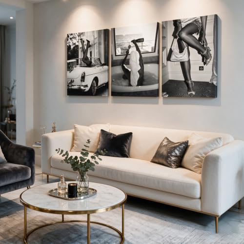 Black and White Vintage Canvas Wall Art High Heels Retro Car Bathtub Woman - Image 3