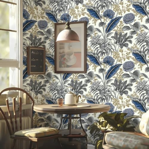 Chinese Blue Tropical Floral Peel and Stick Wallpaper Self Adhesive 17.72" x - Image 2