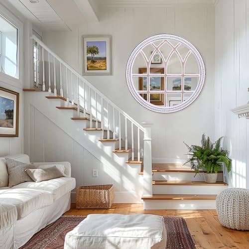 Rustic Farmhouse Round Window Mirror, 36 Inch Wood Frame Wall Mirrors - Image 5