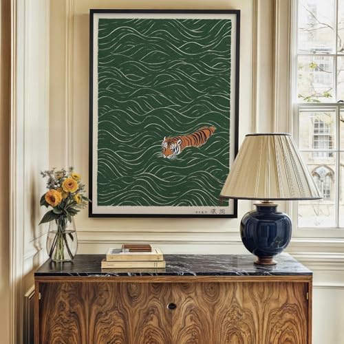 Black Framed Vintage Japanese Tiger Swimming Prints 24x36in Ukiyo-e Style Wall - Image 4