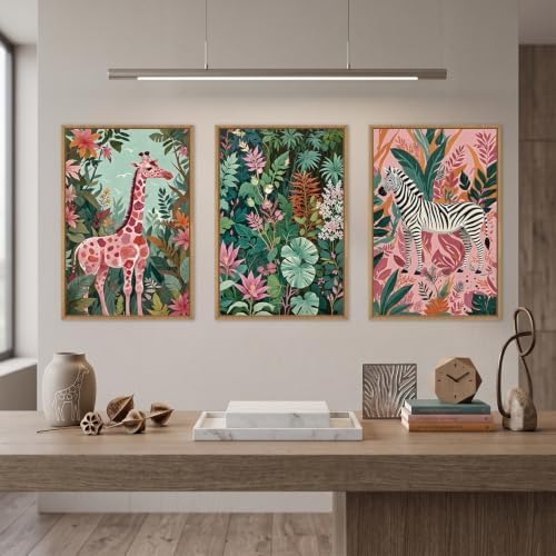 Aryroi Boho Sage Green Pink Giraffe Zebra Jungle Framed Canvas Wall Art Set - Image 2