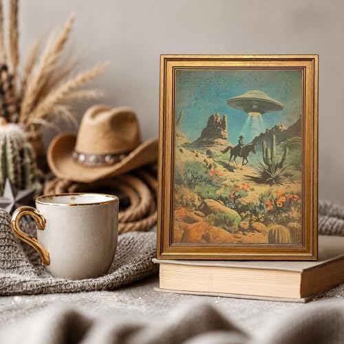 Vintage Gold Framed Western Wall Art, Retro Cowboy UFO Abduction Pictures Wall - Image 2