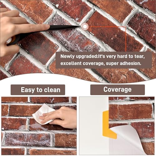 Rugreat Red Brick Peel and Stick Wallpaper Faux Brick Decor 17.3inW 197inL - Image 5