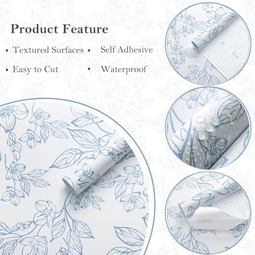 Ismoon Floral Peel Stick Wallpaper Blue White Contact Paper 17.3x78.7in - Image 2