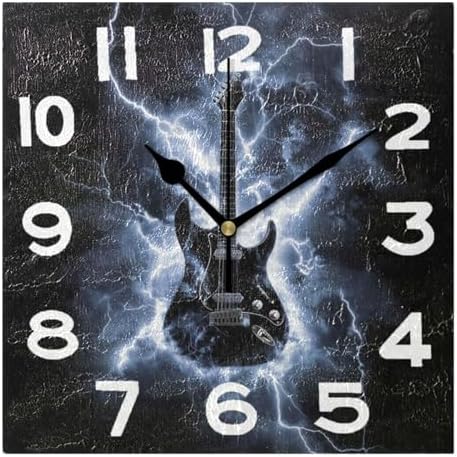 Moderate 8 Inch Square Wall Clock, Fashion Electric Guitar in Light Non Ticking by Peystean