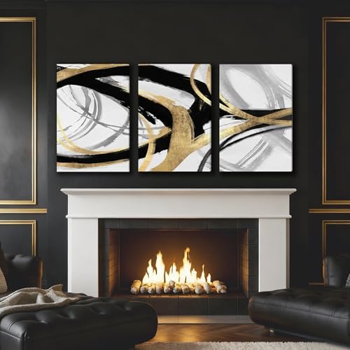 DUWQU Triptych Black Gold White abstract Lines Canvas Wall Art 20x30 in x3 - Image 4