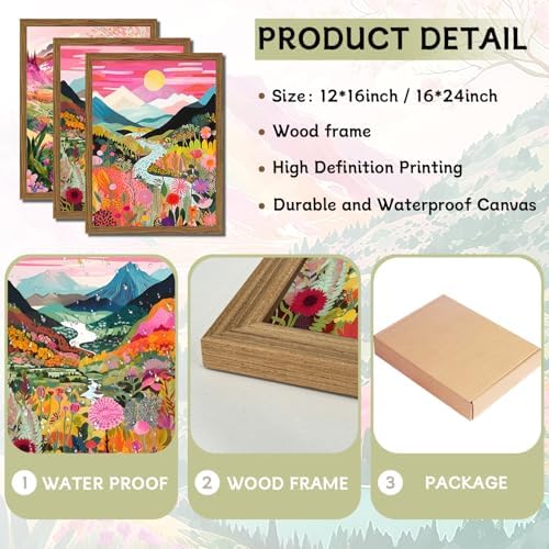 Boho Colorful Mountain Wall Art Set of 3, Abstract Watercolor Landscape Flower - Image 3