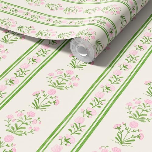 RollsRolla Green Stripe Peel and Stick Wallpaper Featuring Pink Floral - Image 2