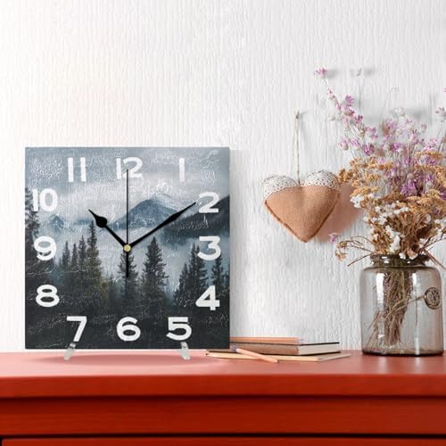 Moderate 8 Inch Square Wall Clock, Spring Foggy Mountain Forestst Trees - Image 4
