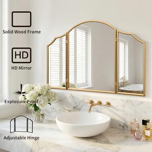 Besdomus Gold Scalloped Vanity Mirror: 36"x24" Three Sided Dresser Miror - Image 3