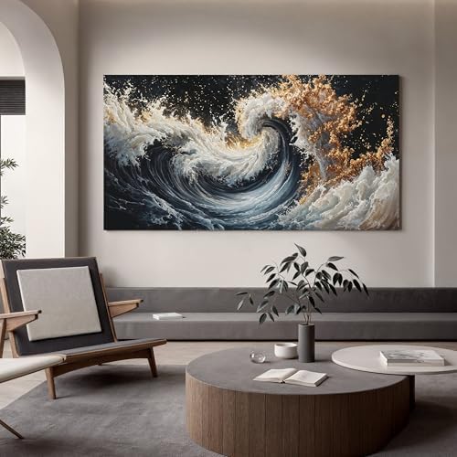 YISXINOAG Blue Gold Ocean Wall Art Coastal Abstract Painting Canvas 24"X48" - Image 3