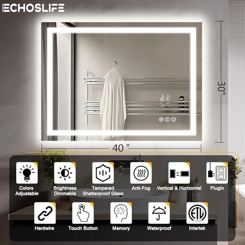 EchosLife 40"x30" LED Lights Bathroom Mirror - Image 2