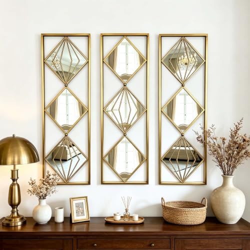 Set of 3 Gold Wall Mirrors, Large Geometric Decorative Mirrors by Unknown