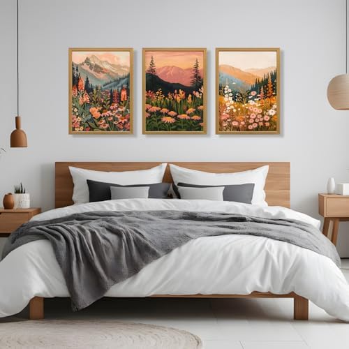 IAFWZX Wood Framed Boho Mountain Wildflower Wall Art Set of 3, 12x16 in - Image 2