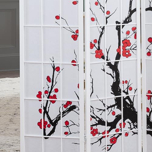 Roundhill Furniture White Japanese 4-Panel Screen Room Divider, Plum Blossom - Image 3