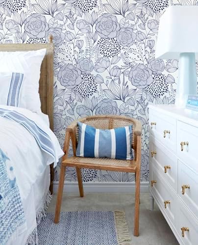 Wudnaye Navy Blue and White Floral Peel and Stick Wallpaper 16.9"×118" - Image 2
