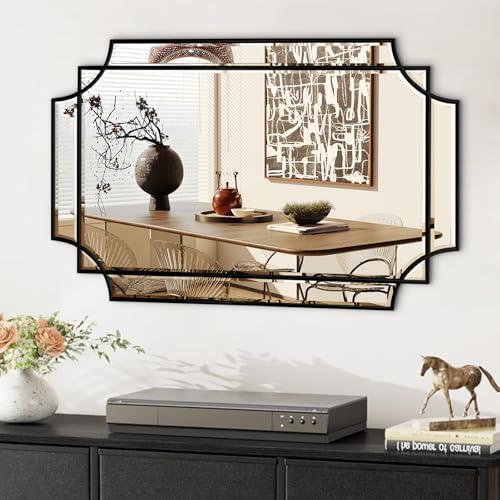 HQiJun Black Mirror for Wall, 36x24 Wood Framed, Scalloped Beveled Polished by HQiJun