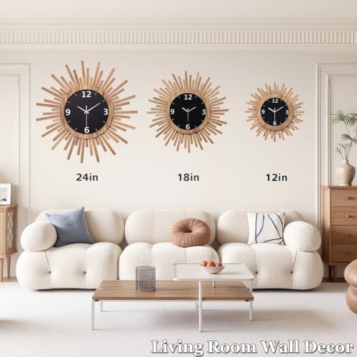 Honiway 24 Inch Large Wall Clock, Battery Operated, Rustic Wood Boho Sunburst - Image 2