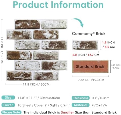 Commomy Faux Brick Panels Peel and Stick Wall Stickers 10 Pcs 11.8" x 11.8" - Image 4
