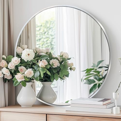 24 inch Silver Circle Mirror, Round Mirror, Brushed Nickel by Winnker