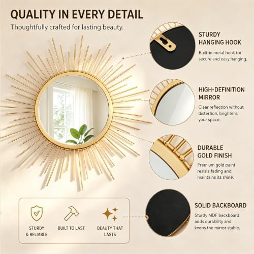 4 Pieces Gold Sunburst Wall Mirror Set Modern Metal Circles - Image 2