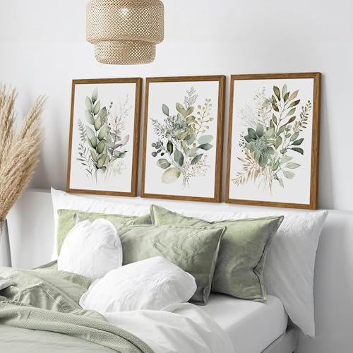 AVECCO 3 Pieces Green Watercolor Botanical Framed Canvas Wall Art 16x24 in - Image 3