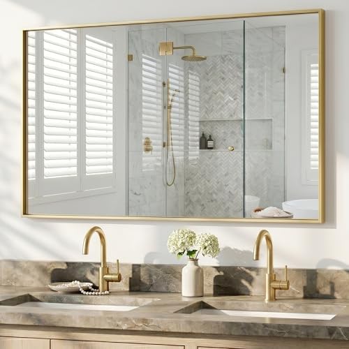 55"x30" Satin Gold Wide Bathroom Wall Mirror by Pocetry