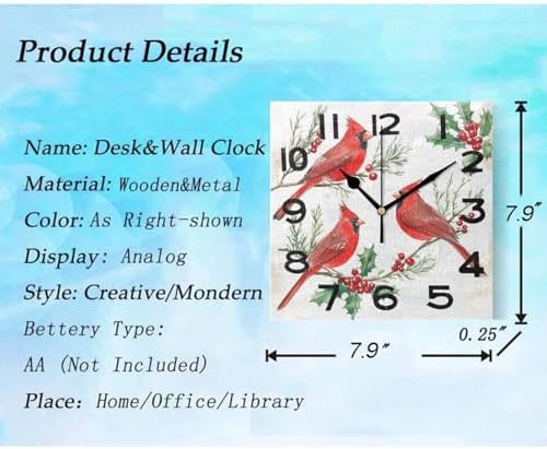 Moderate 8 Inch Square Wall Clock, Cardinals on Holly Berry Branches Christmas - Image 3