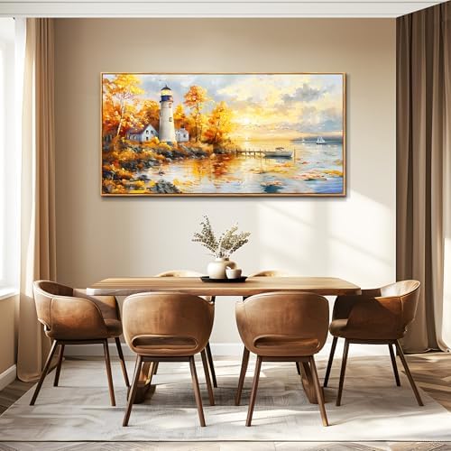 Lighthouse Wall Art, Seaside Birch Tree Landscape Framed Wall Decor 20"X40" - Image 5