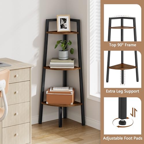 Hoctieon Corner Shelf, 3-Tier 40" Tall Corner Bookshelf, Rustic Ladder Shelf - Image 5