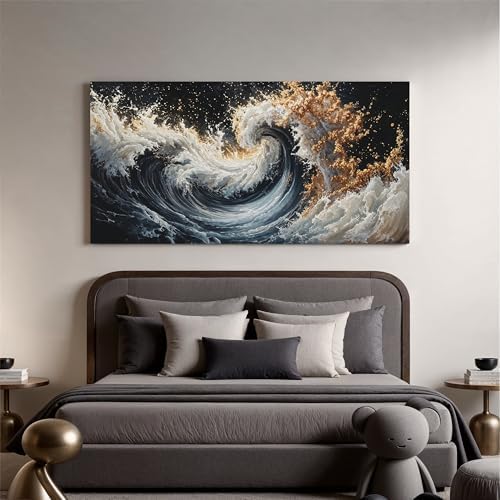 YISXINOAG Blue Gold Ocean Wall Art Coastal Abstract Painting Canvas 24"X48" - Image 2