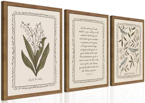 Framed Vintage Botanical Wall Art Set of 3, Lily of the Valley and Bird Nature by Unknown