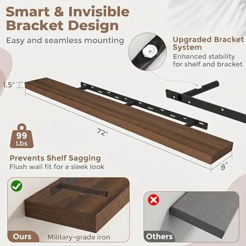 72 Inch Floating Shelves for Wall, Walnut Finish - Image 2