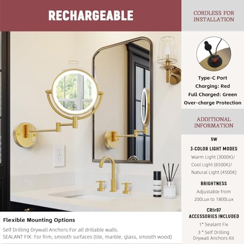 Rechargeable Wall Mount Makeup Mirror Gold - Image 2