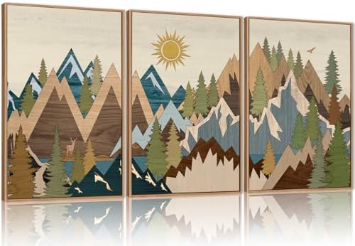 FWIEXA Large Mountain Canvas Wall Art Set Woodcut, Sunrise Pine Tree Framed - Image 3