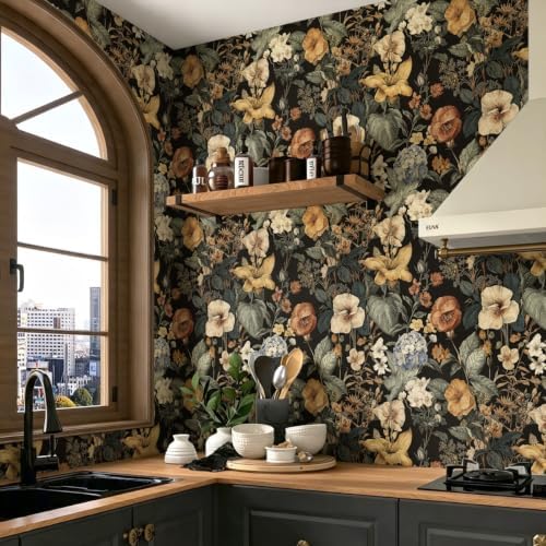 Jeweluck Dark Floral Peel and Stick Wallpaper Vintage Wallpaper16.9 x118.1 - Image 5