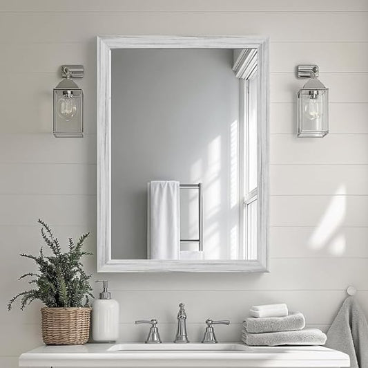 White Wood Effect Framed Wall Mirror, 24x32 Rectangle Mirror, Anti-desilvering by Ultrue