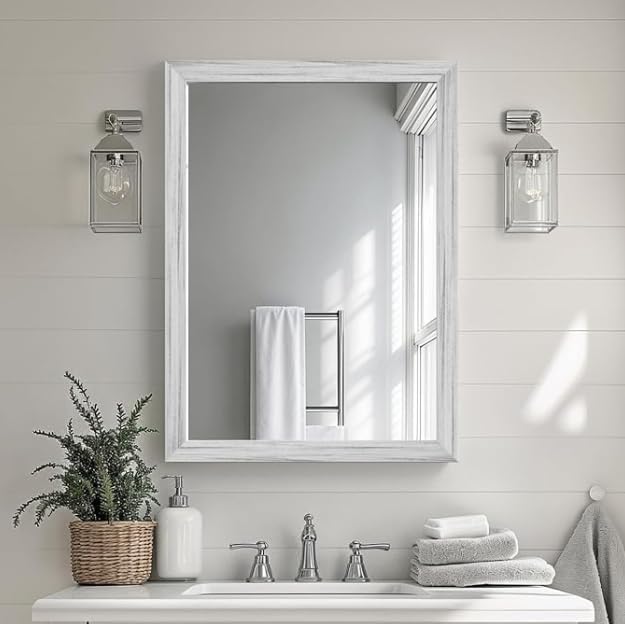 White Wood Effect Framed Wall Mirror, 20x30 Rectangle Mirror by Ultrue