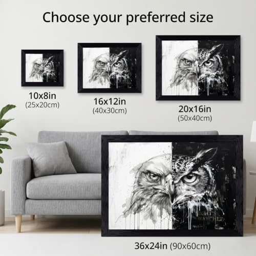 Framed Canvas Wall Art Monochrome Mixed Media Eagle and Owl Gritty Ink Wash - Image 3