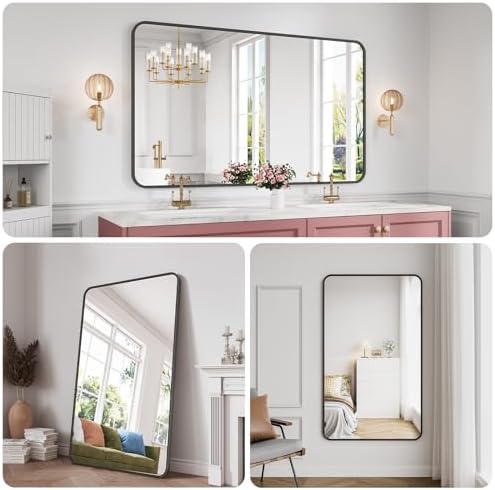 Koonmi Bathroom Mirror, 36X60 Brushed Black Metal Framed Wall-Mounted Mirror - Image 6
