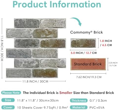 Commomy 10 Pcs Faux Brick Wall Panels-11.8"X11.8" Small Size 3D Brick Peel and - Image 6
